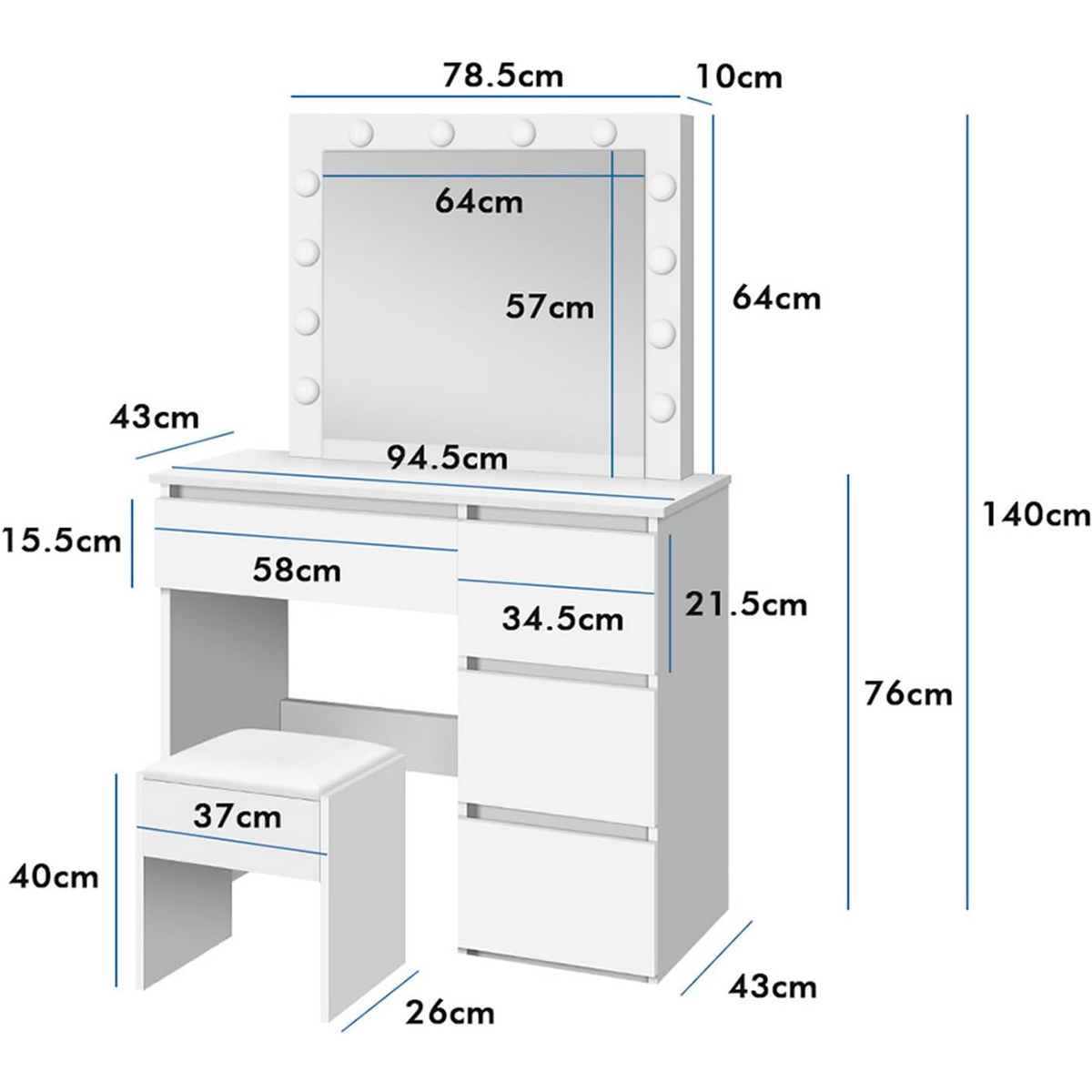 Lykke Sminkbord med belysning Amelia 94cm, vit