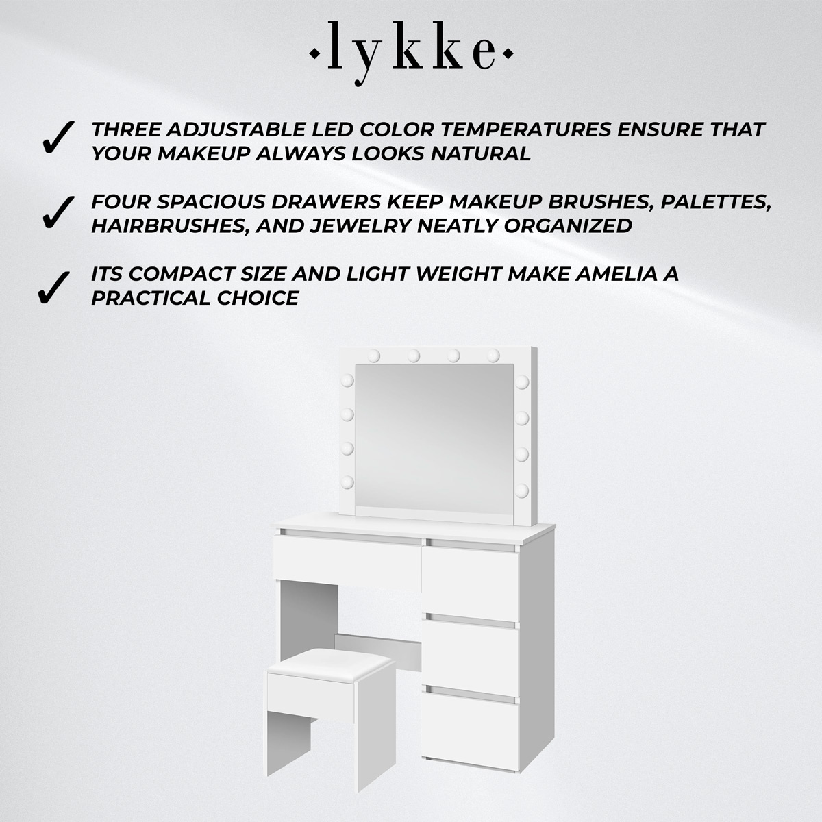 Lykke Makeup Table with Light Amelia 94cm, white
