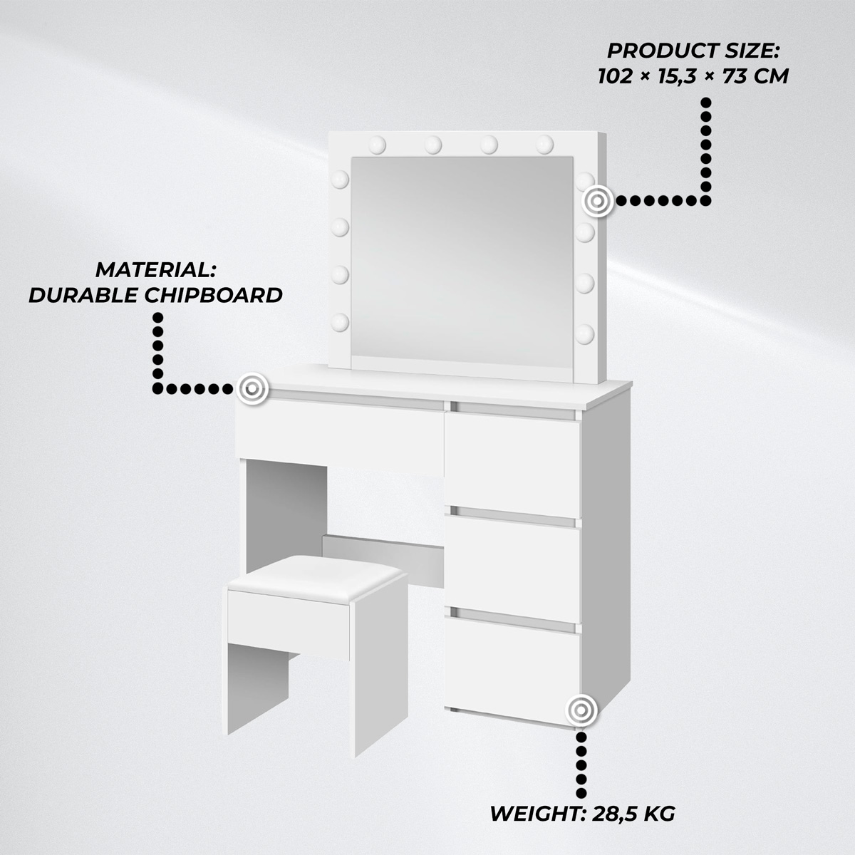 Lykke Makeup Table with Light Amelia 94cm, white