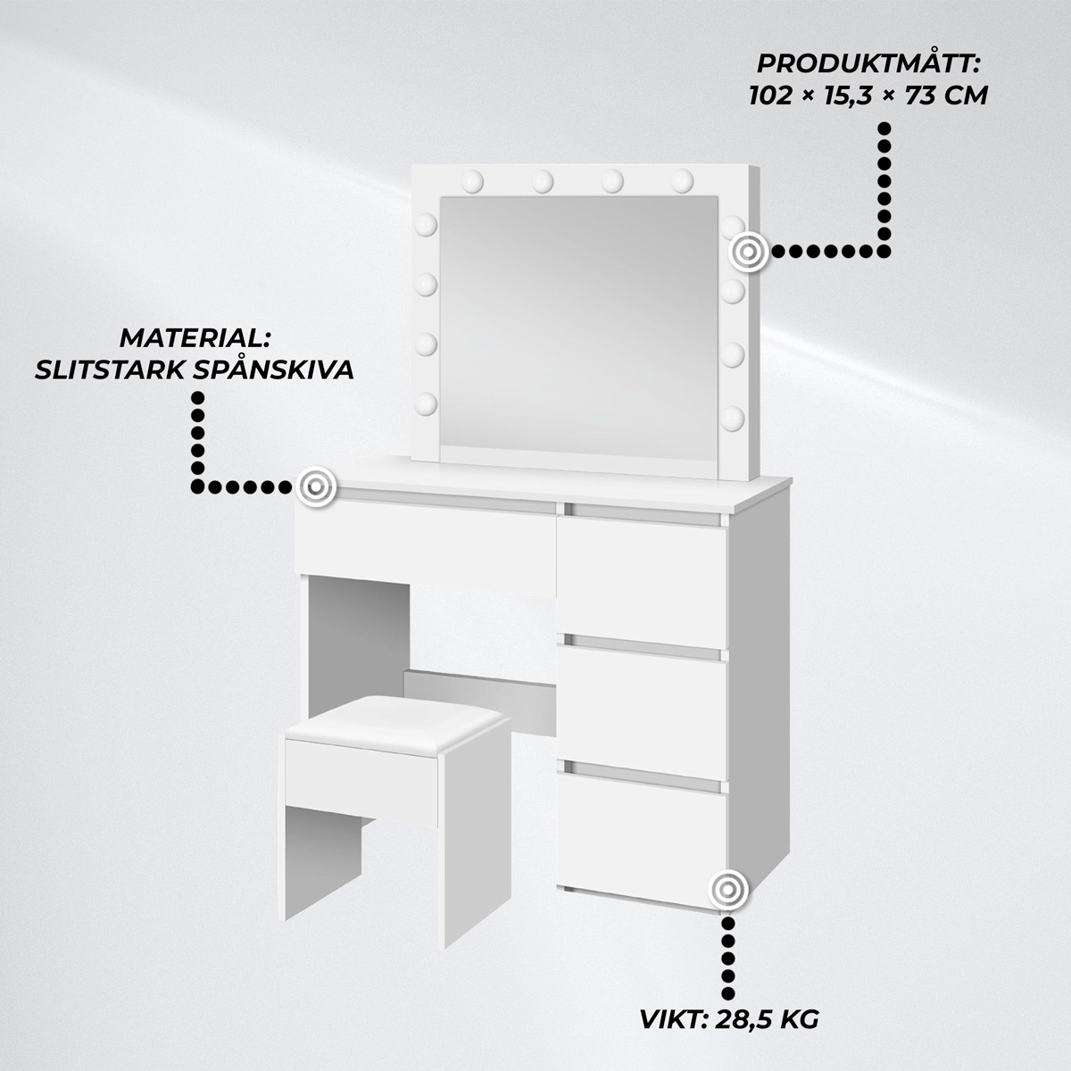 Lykke Sminkbord med belysning Amelia 94cm, vit