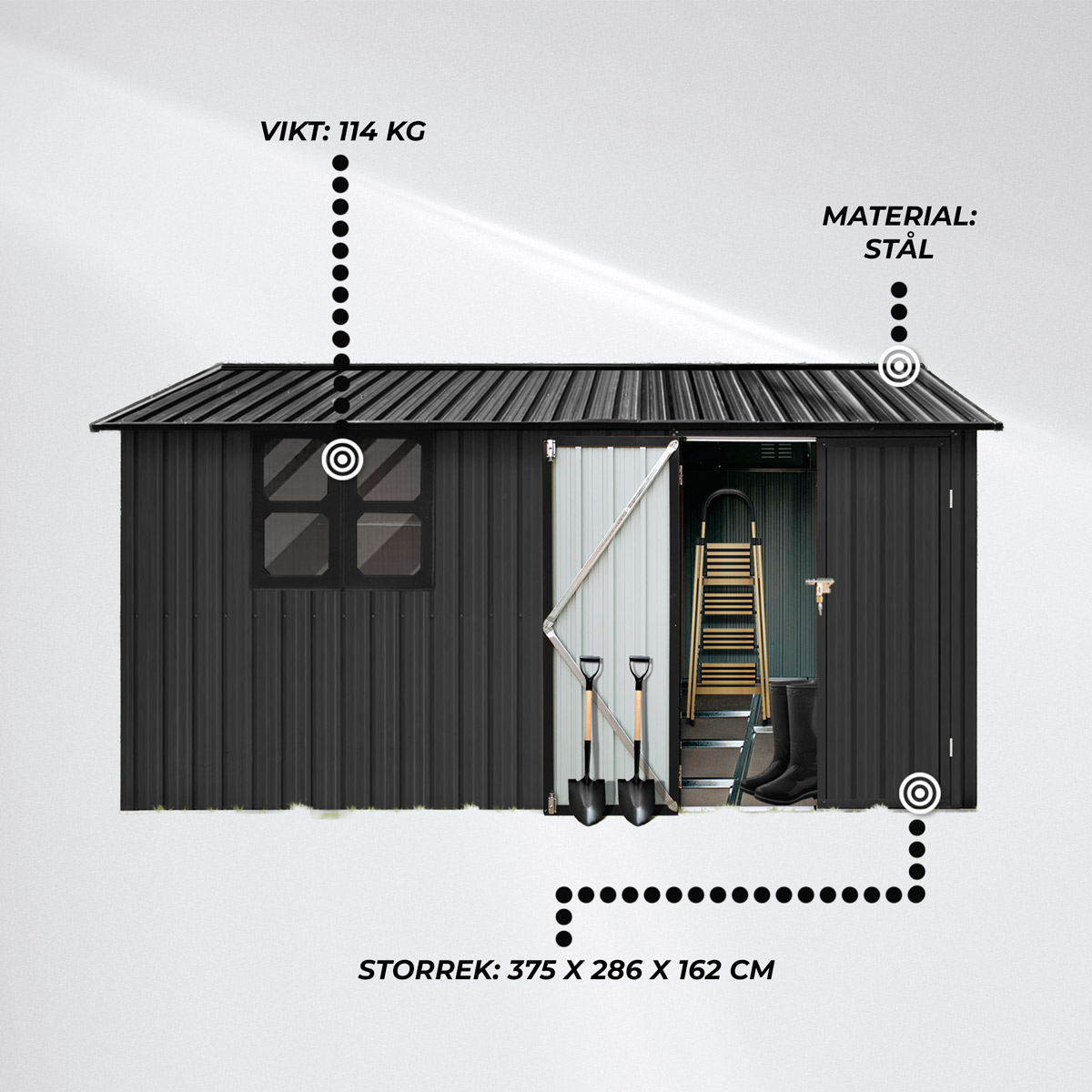 Fornorth Förråd med fönster 375x286x162cm, Svart