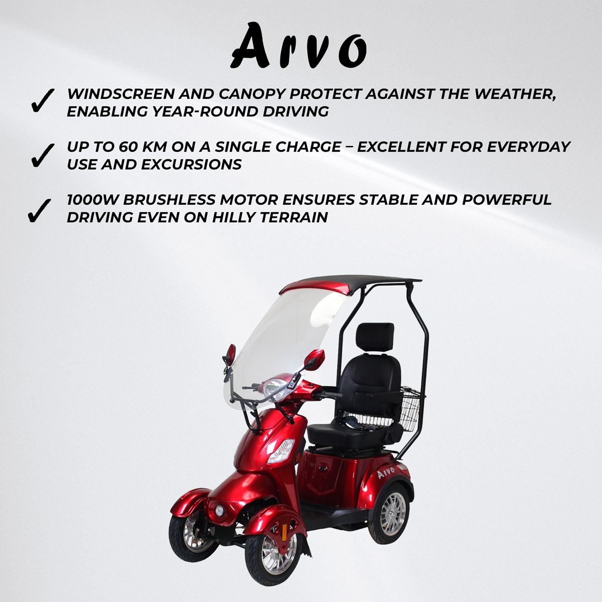 Arvo Mobility Scooter with Canopy P600 Red