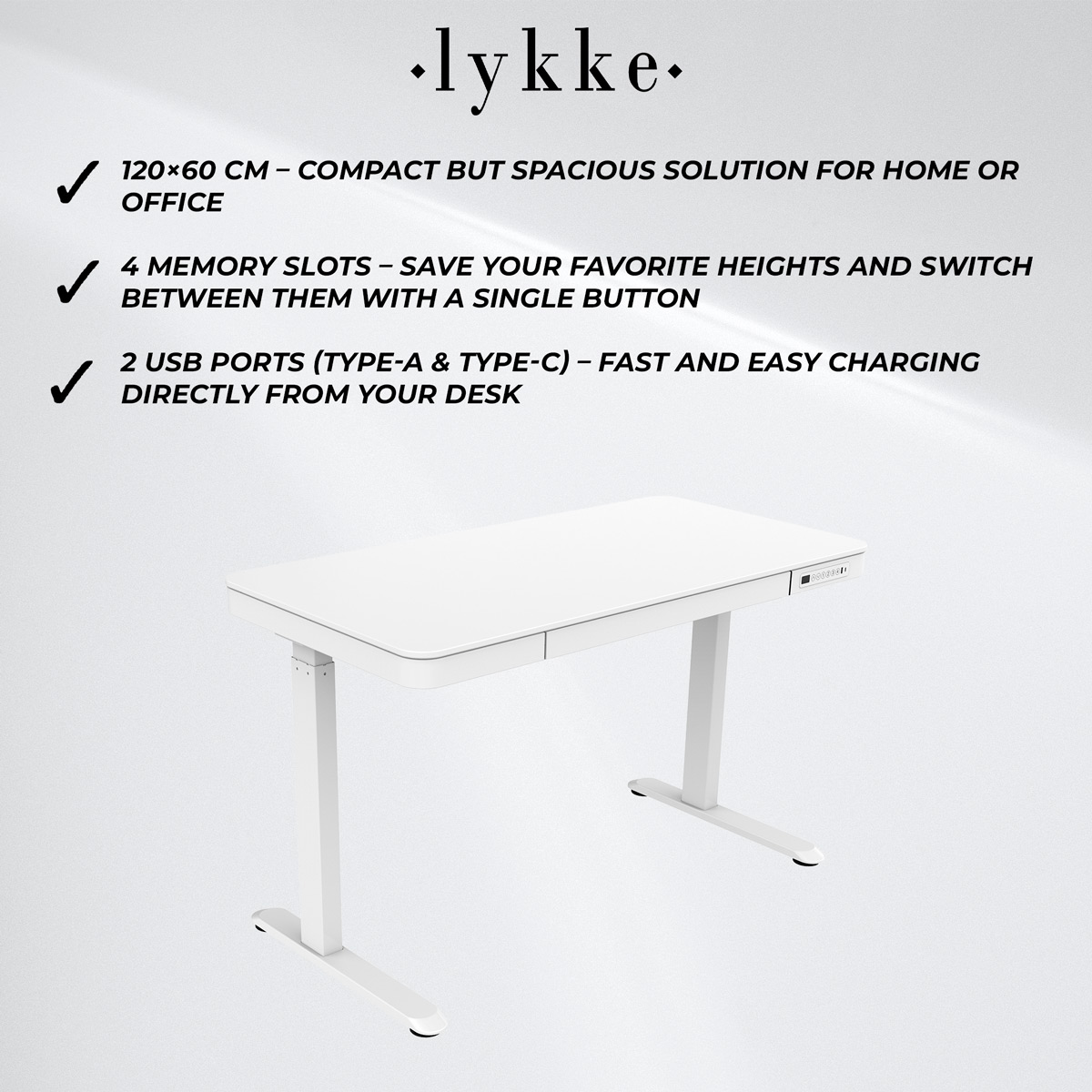Lykke Electric Standing Desk 120x60cm Polar, white