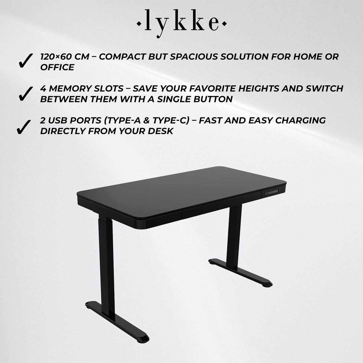Lykke Electric Standing Desk 120x60cm Polar, black