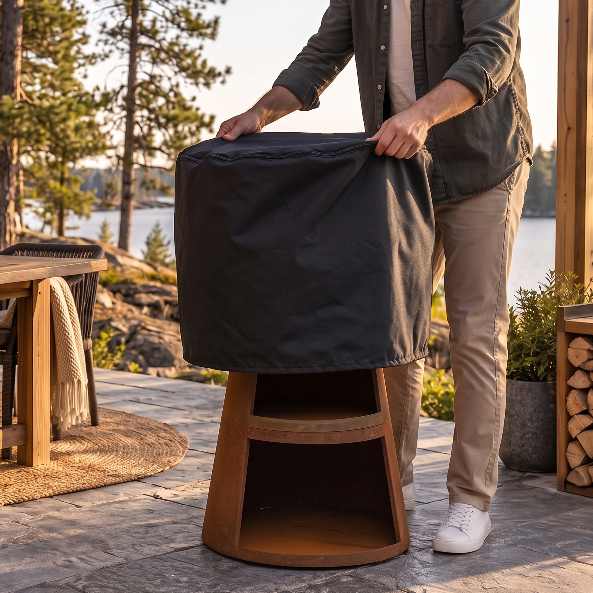 Limousin Regenabdeckung für rostfarbene Outdoor-Feuerstelle mit Grill