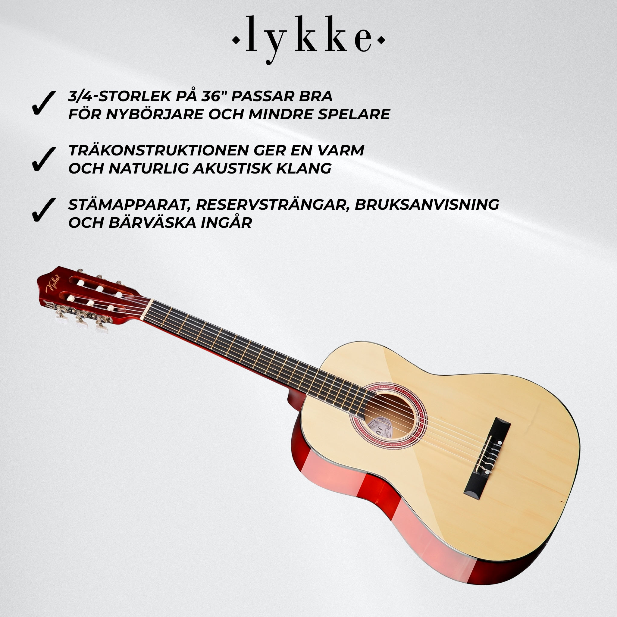Lykke Akustisk Gitarr Classic, storlek 3/4, 36"