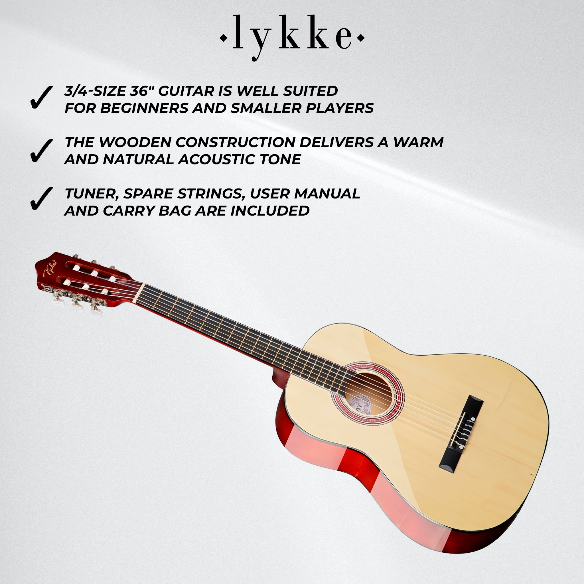 Lykke Acoustic Guitar Classic, size 3/4, 36"
