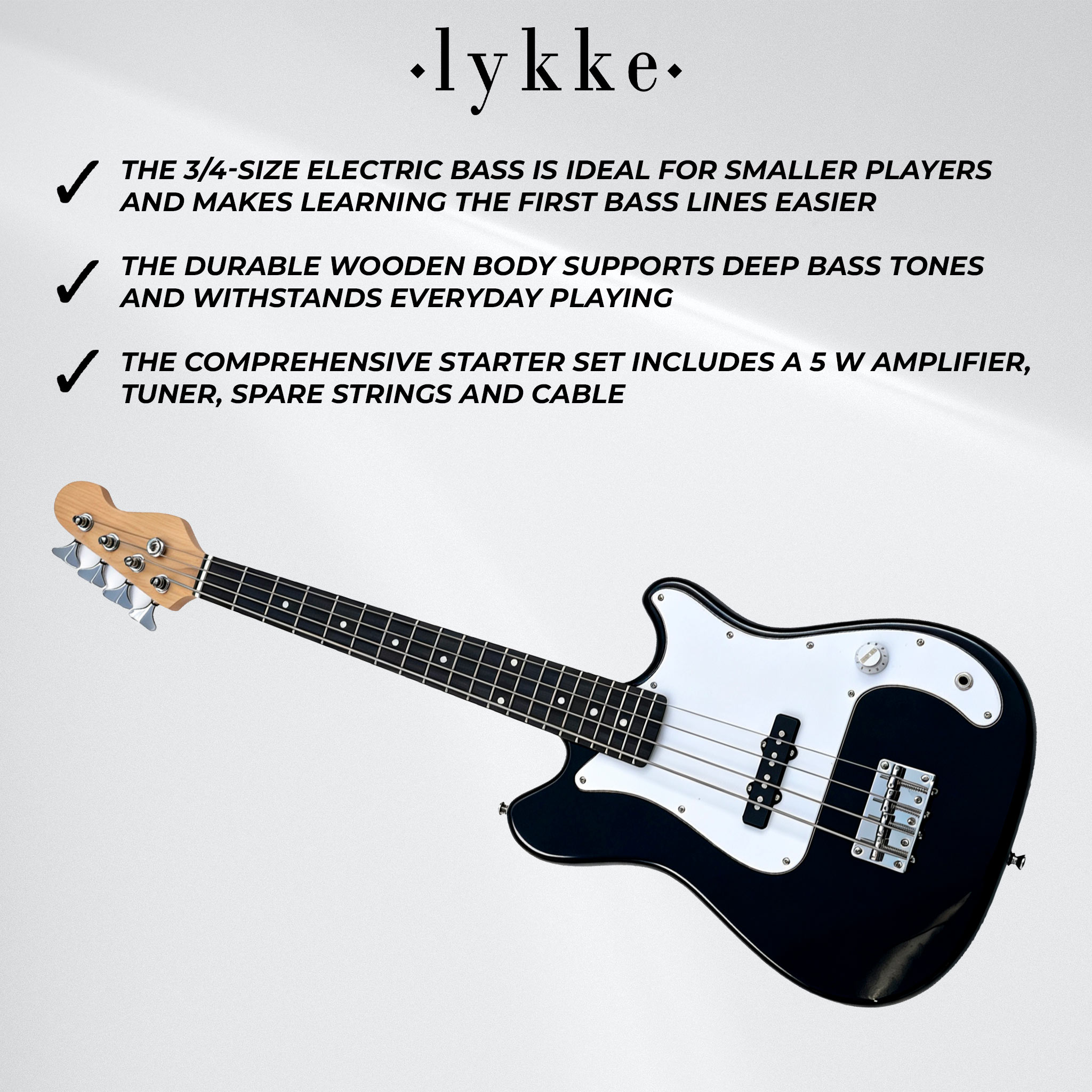 Lykke Electric Bass Guitar Set Harmony, size 3/4, 36", 5 W amplifier