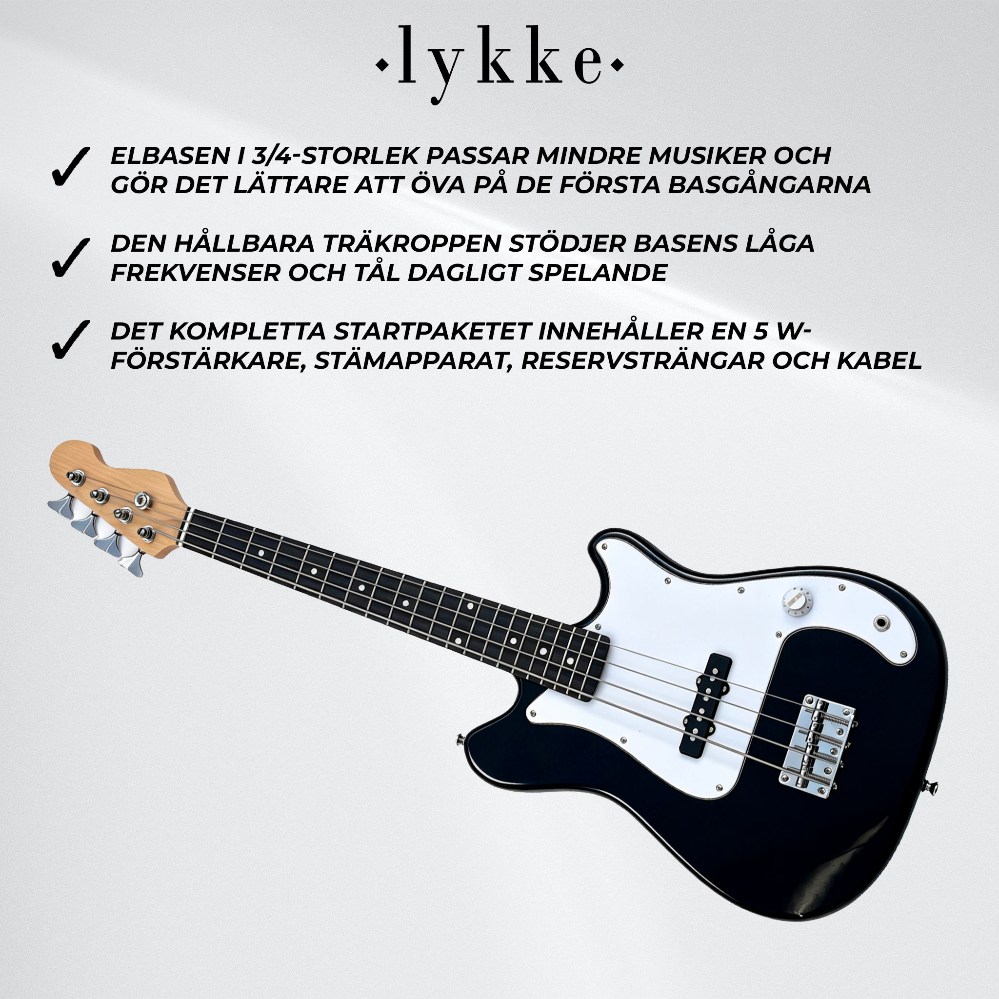 Lykke Elbasgitarrset Harmony, storlek 3/4, 36", 5 W förstärkare
