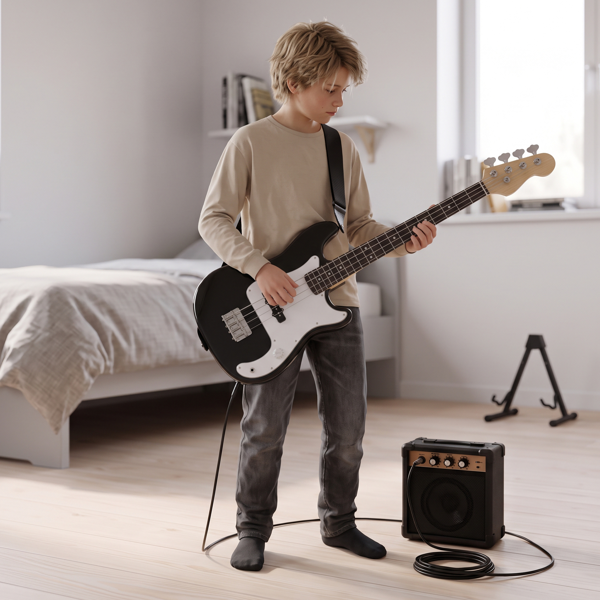 Lykke Elektriline Basskitarr Komplekt Harmony, suurus 3/4, 36", 5 W võimendi