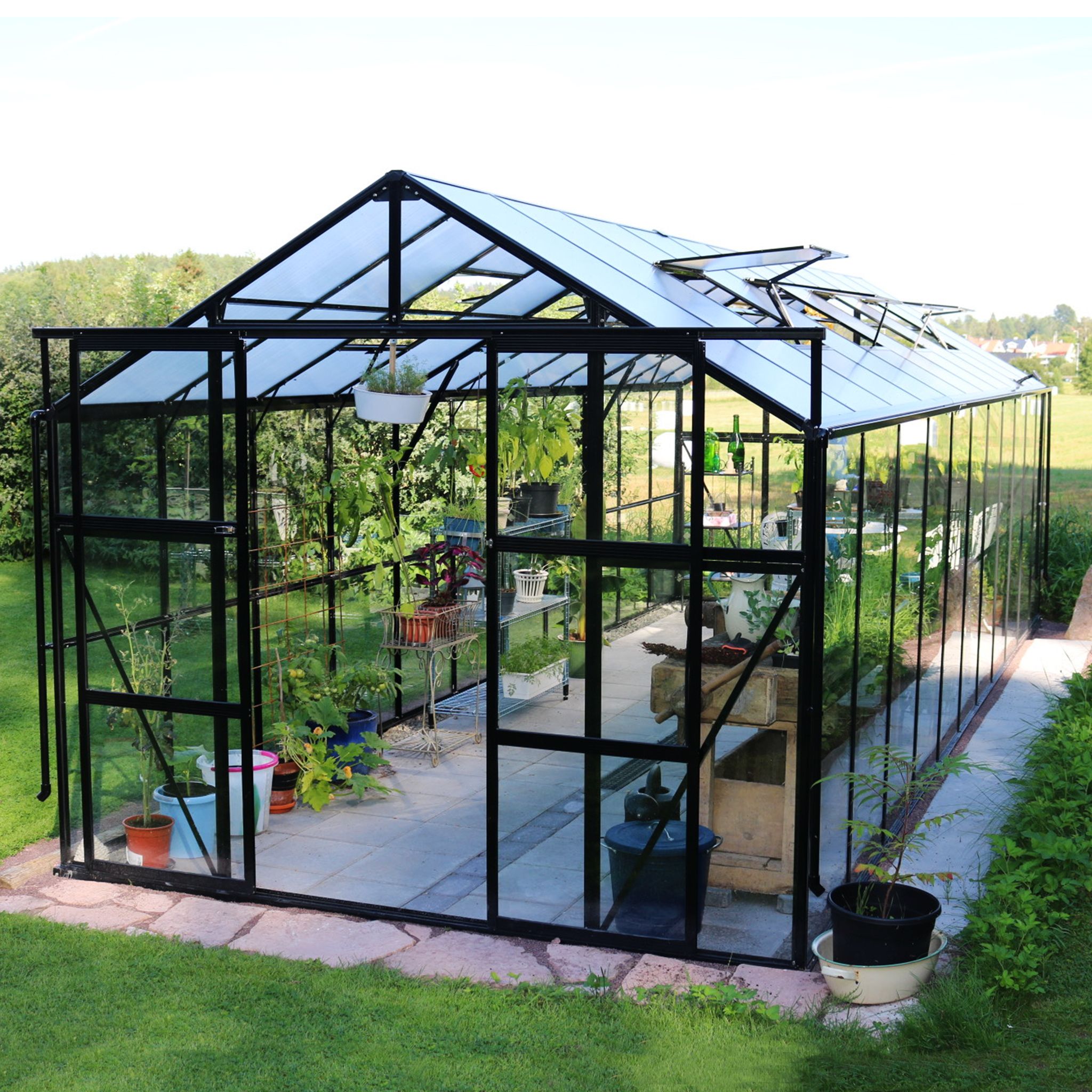 Metalcraft Gewächshaus, 17,5m², 4mm Sicherheitsglas, Wabenplatte, schwarz