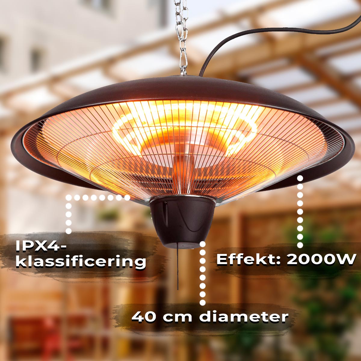 Fornorth Terrassvärmare hängande 2000W fjärrkontroll, svart