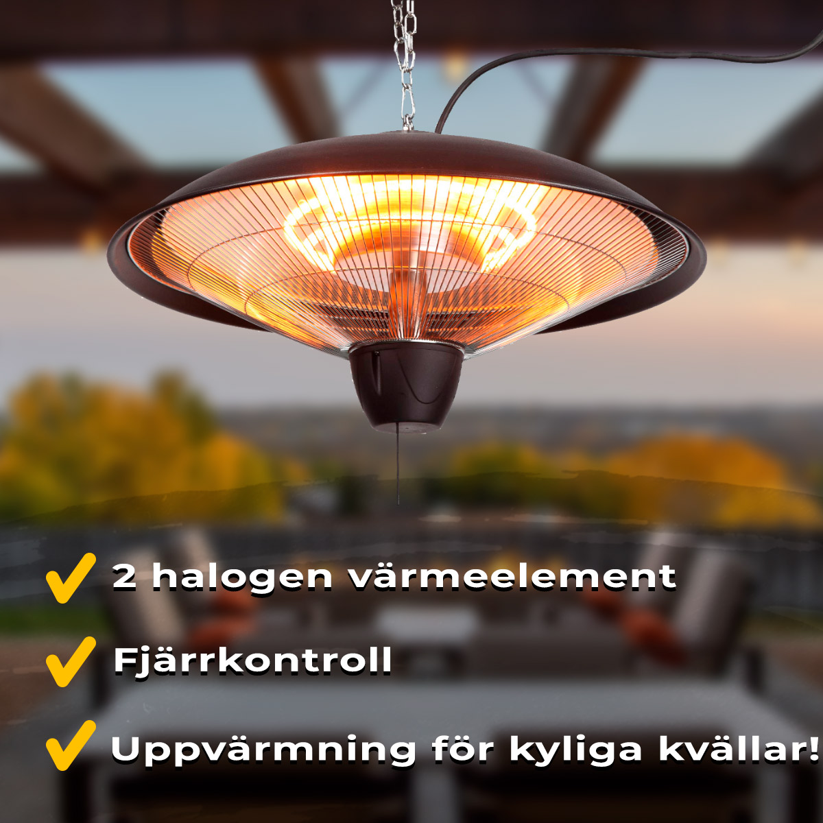 Fornorth Terrassvärmare hängande 2000W fjärrkontroll, svart