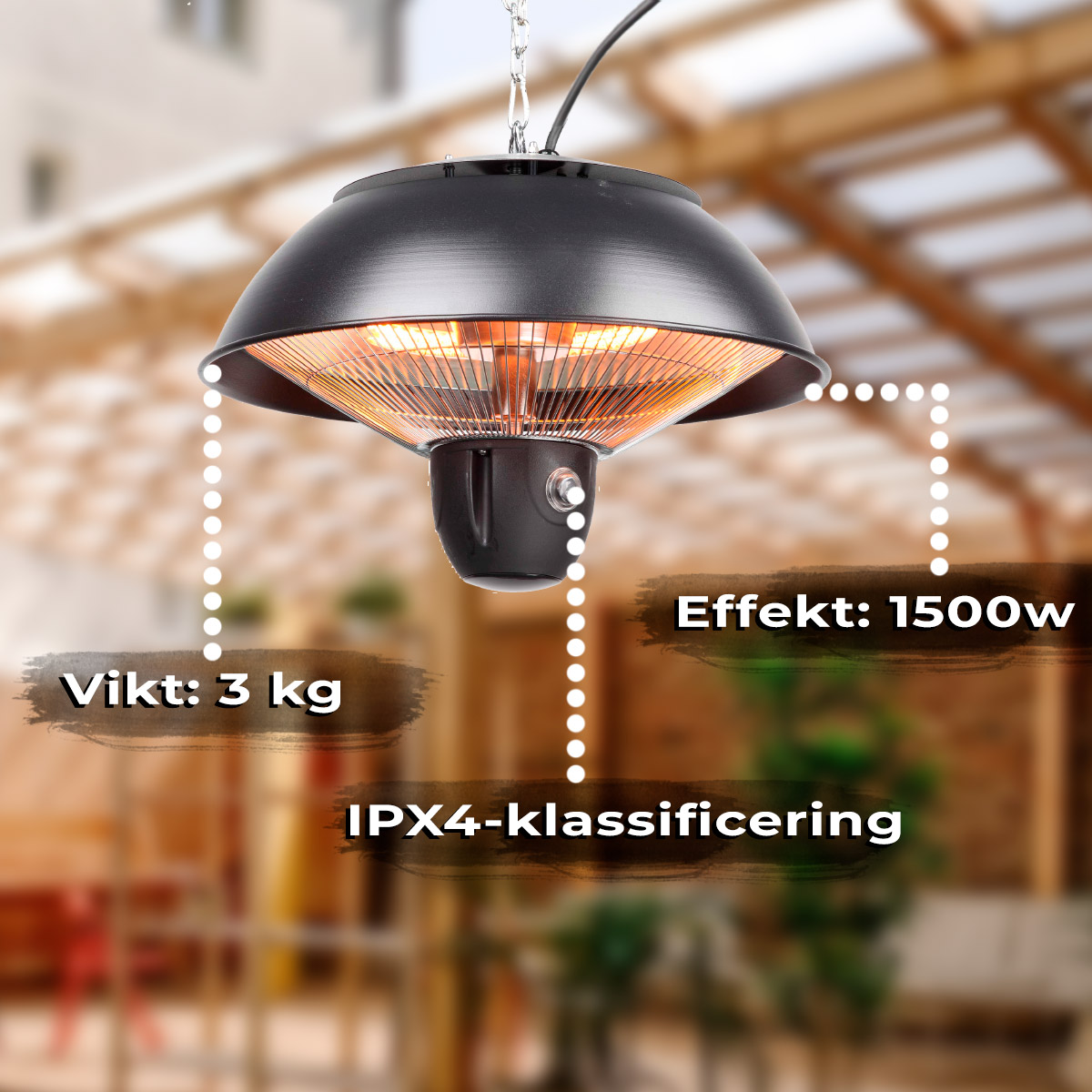 Fornorth Terrassvärmare hängande 1500W fjärrkontroll, svart