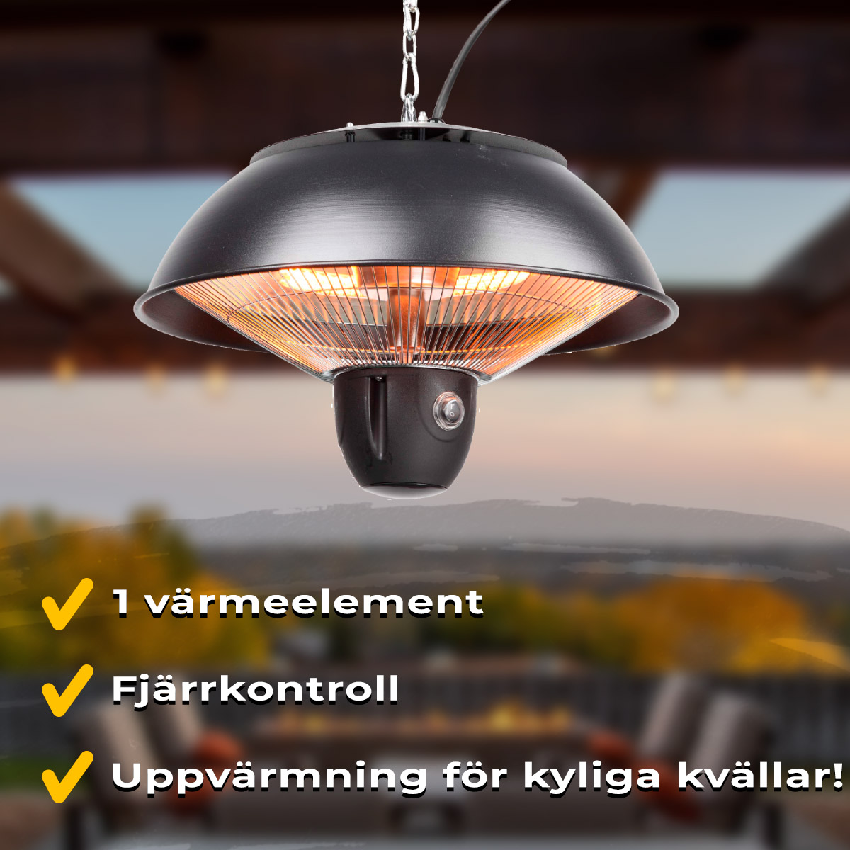 Fornorth Terrassvärmare hängande 1500W fjärrkontroll, svart