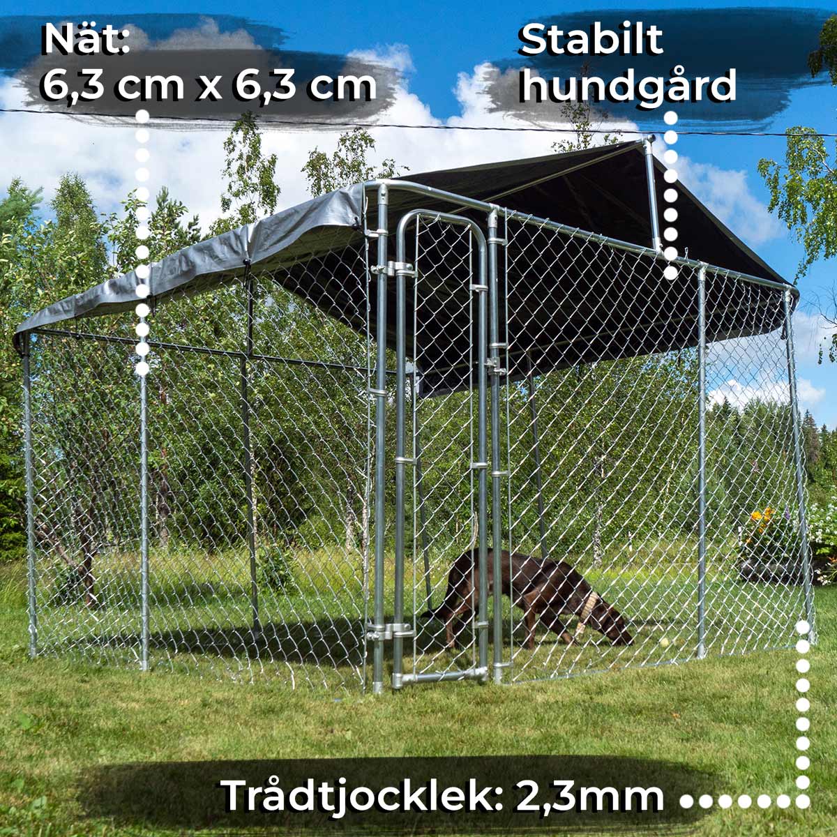 Trekker hundgård med tak, 3 x 3m  