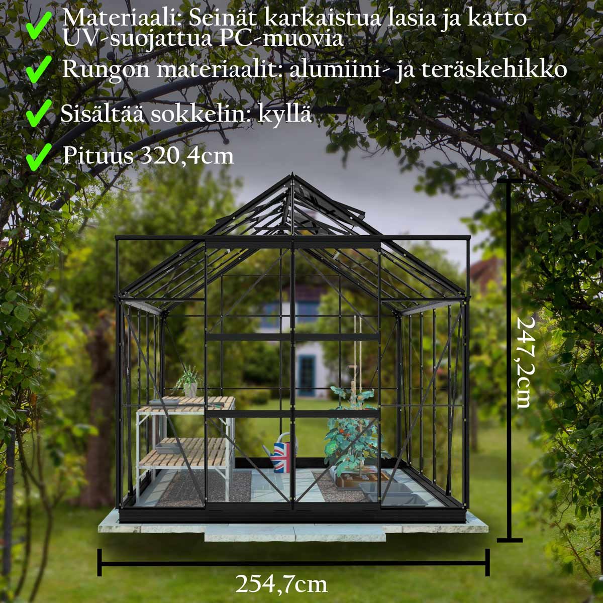 Lykke Kasvihuone Hybrid 8,2 m2 musta | ALE 