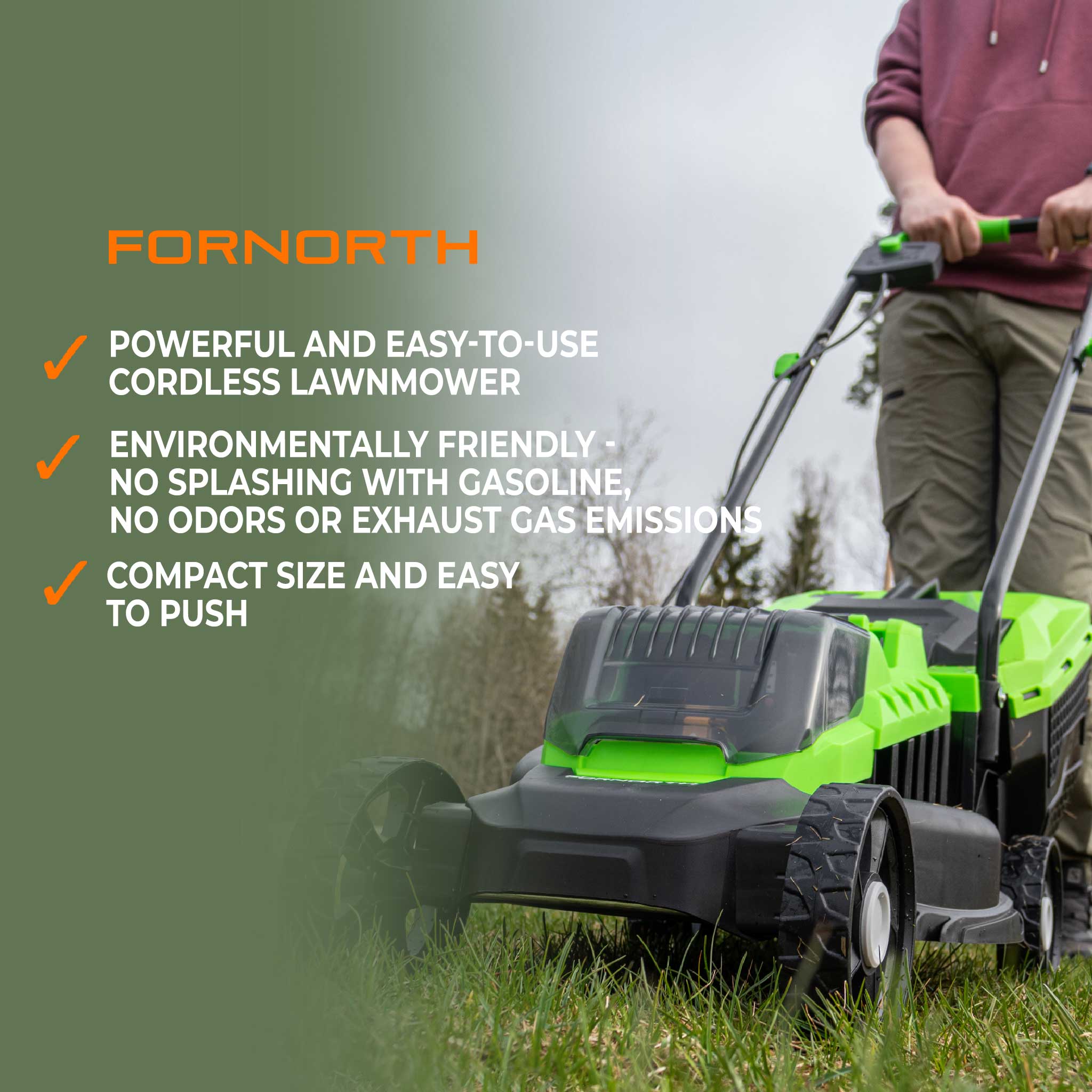 Fornorth Battery Lawn Mower GH1000e, 20V, battery and charger included