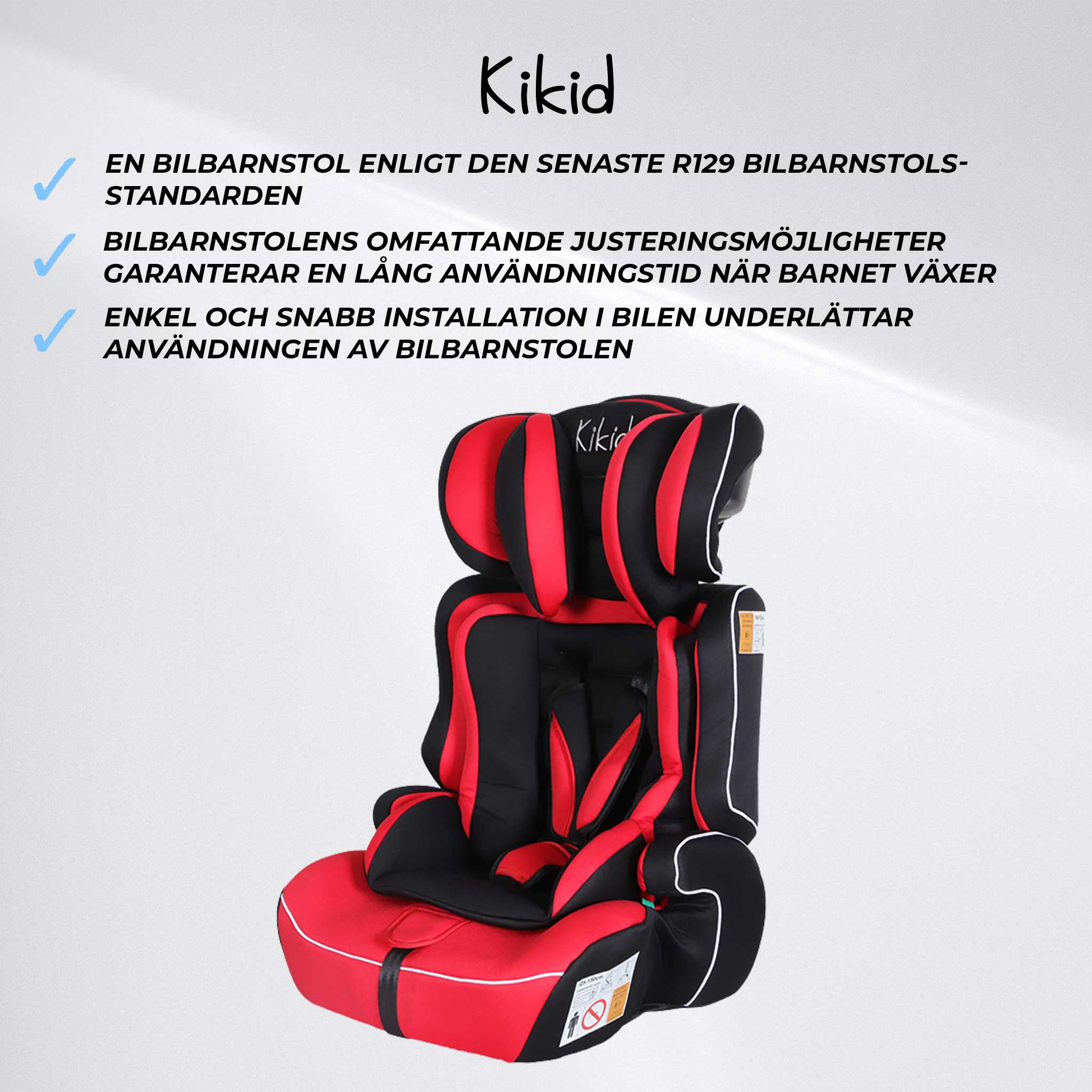 Kikid Bilbarnstol Basic 76-150cm R129, svart röd