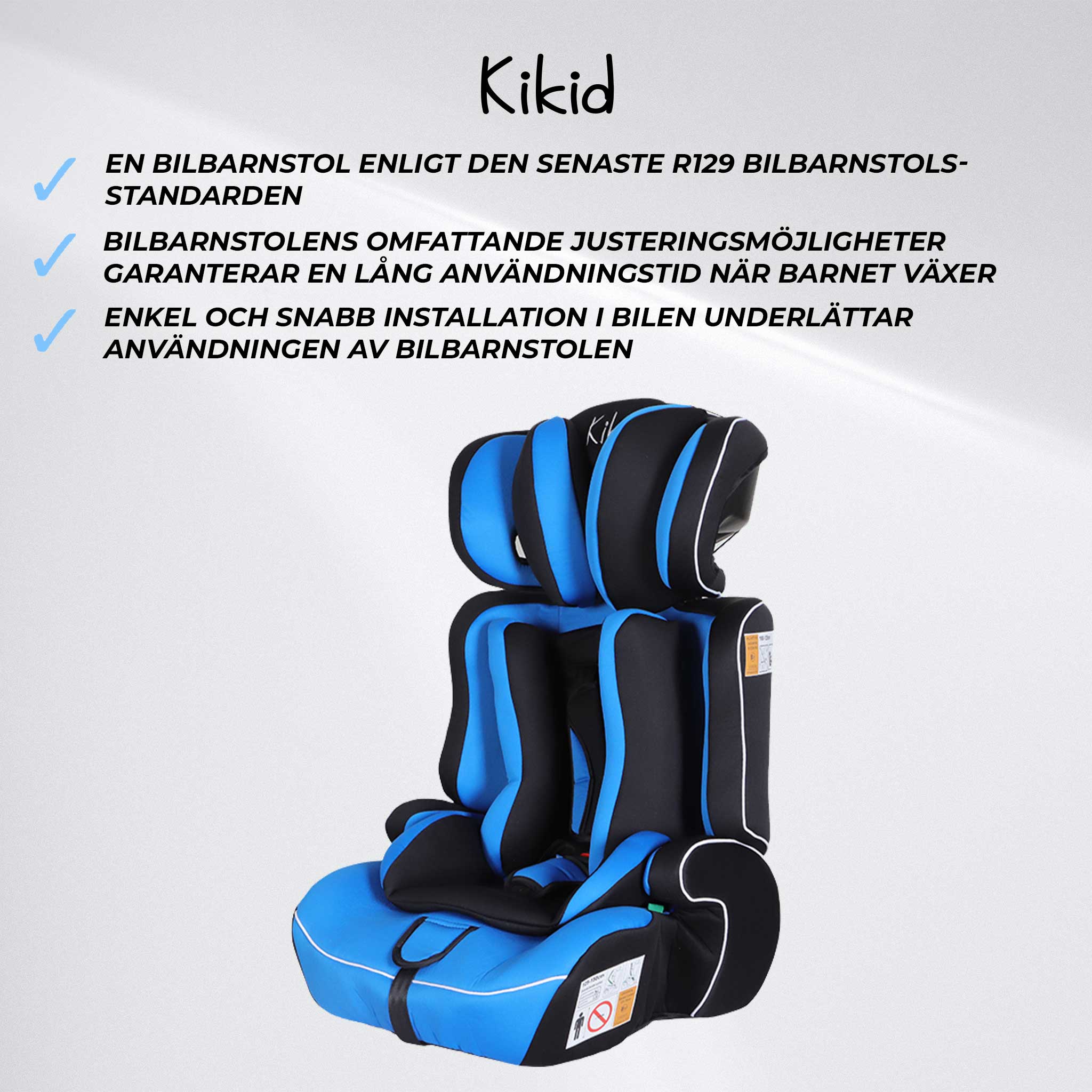 Kikid Bilbarnstol Basic 76-150cm R129, svart blå
