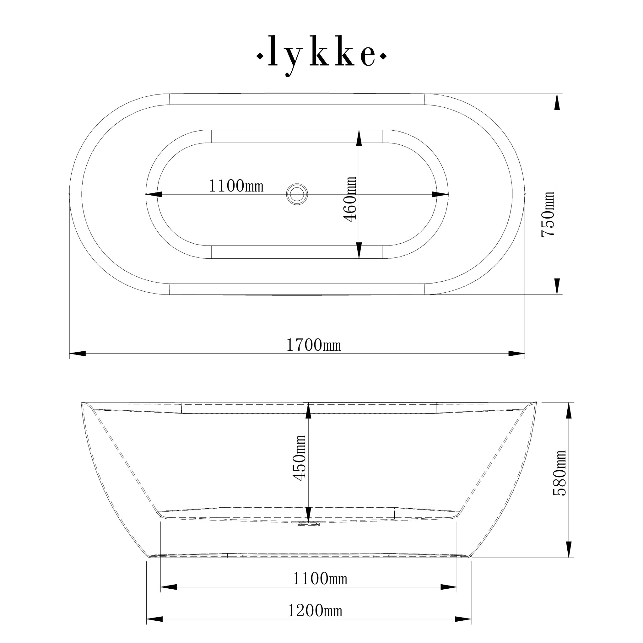 Lykke Bathtub Arctic Deluxe 1700x750x580mm, white