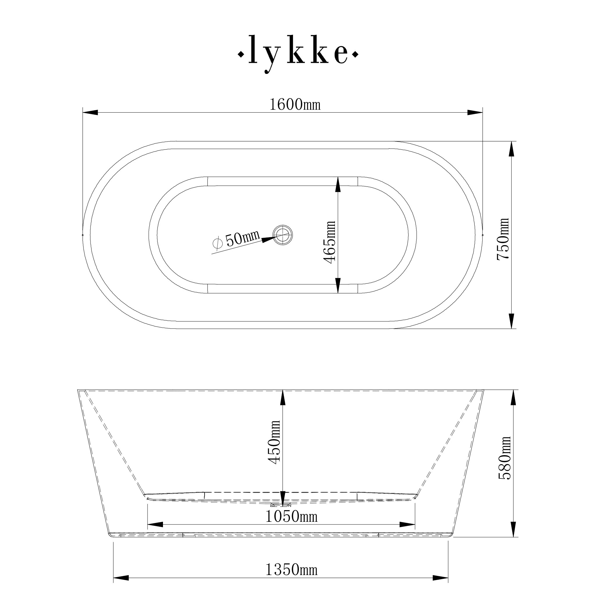 Lykke Bathtub Polar Deluxe 1600x750x580mm, white