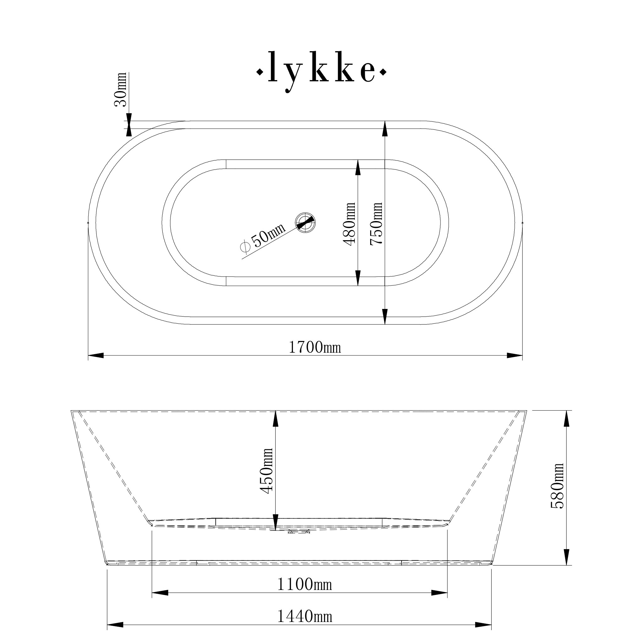 Lykke Bathtub Polar Deluxe 1700x750x580mm, white