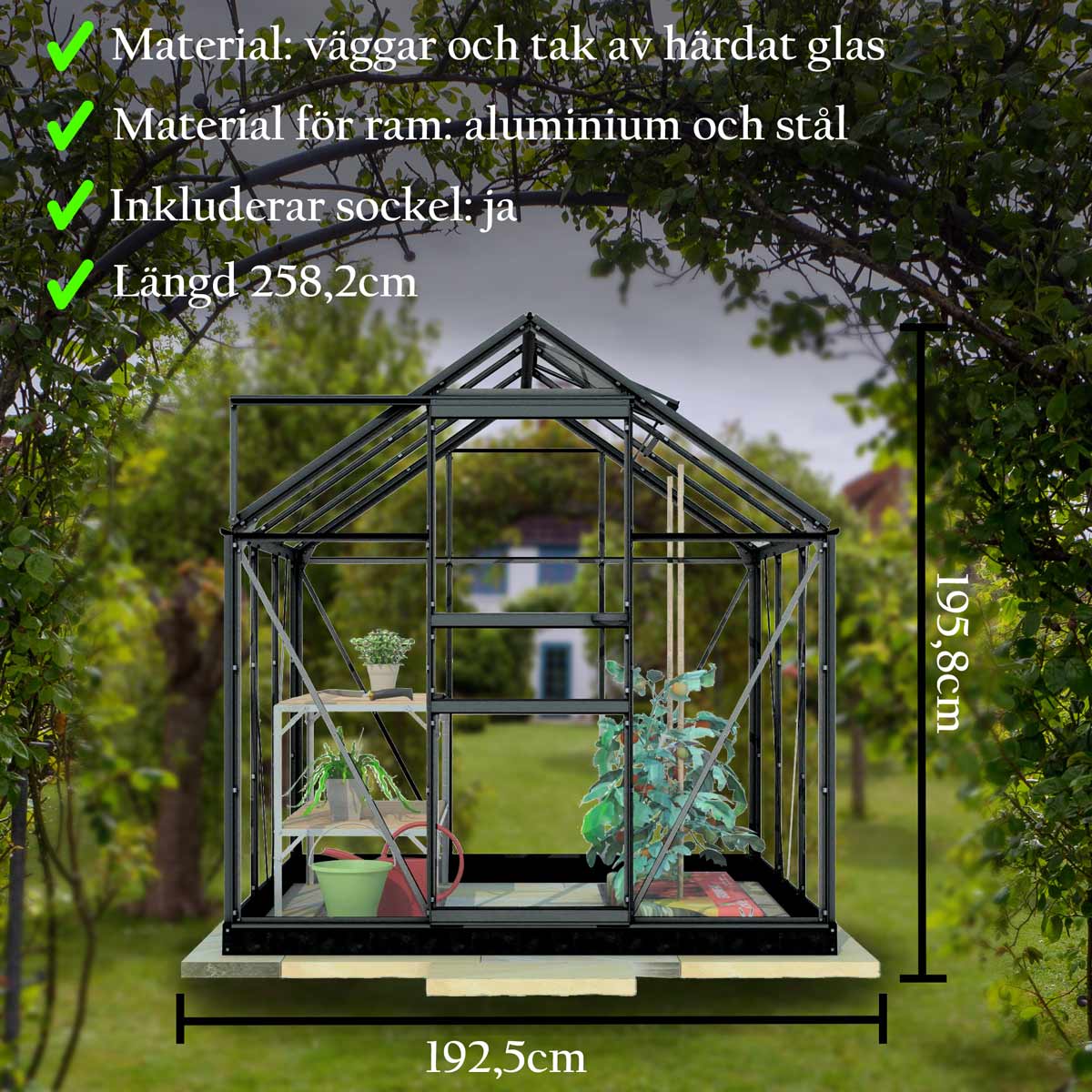 Lykke Växthus Glas 5m2, svart