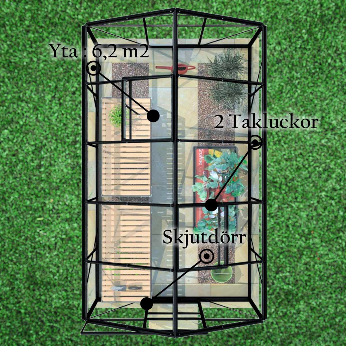 Lykke Växthus Glas 6,2m2, svart