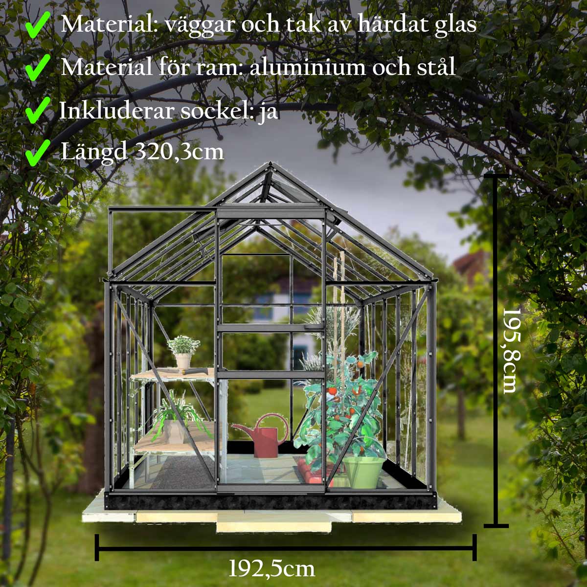 Lykke Växthus Glas 6,2m2, svart
