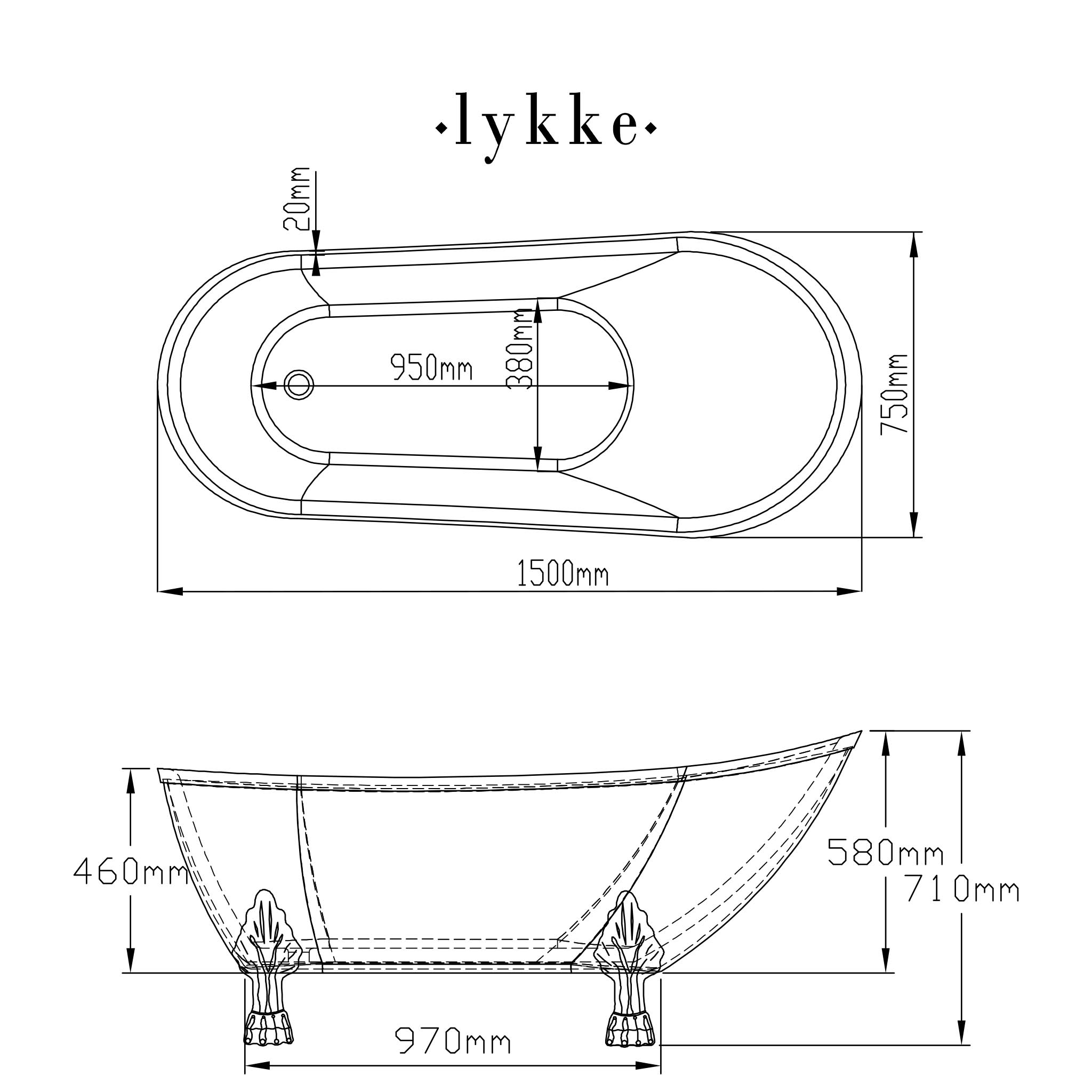 Lykke Bathtub Nordic Deluxe 1500x750x710mm, white