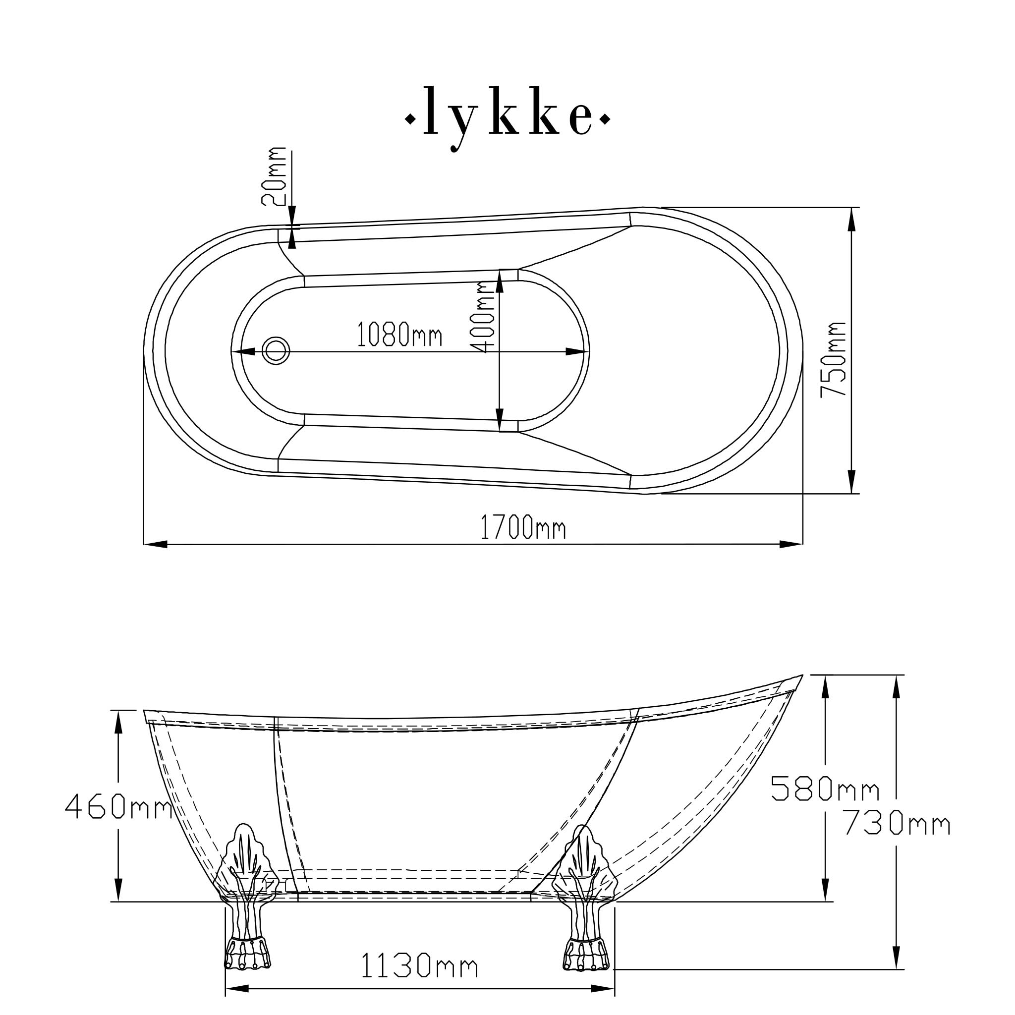 Lykke Bathtub Nordic Deluxe 1700x750x730mm, white