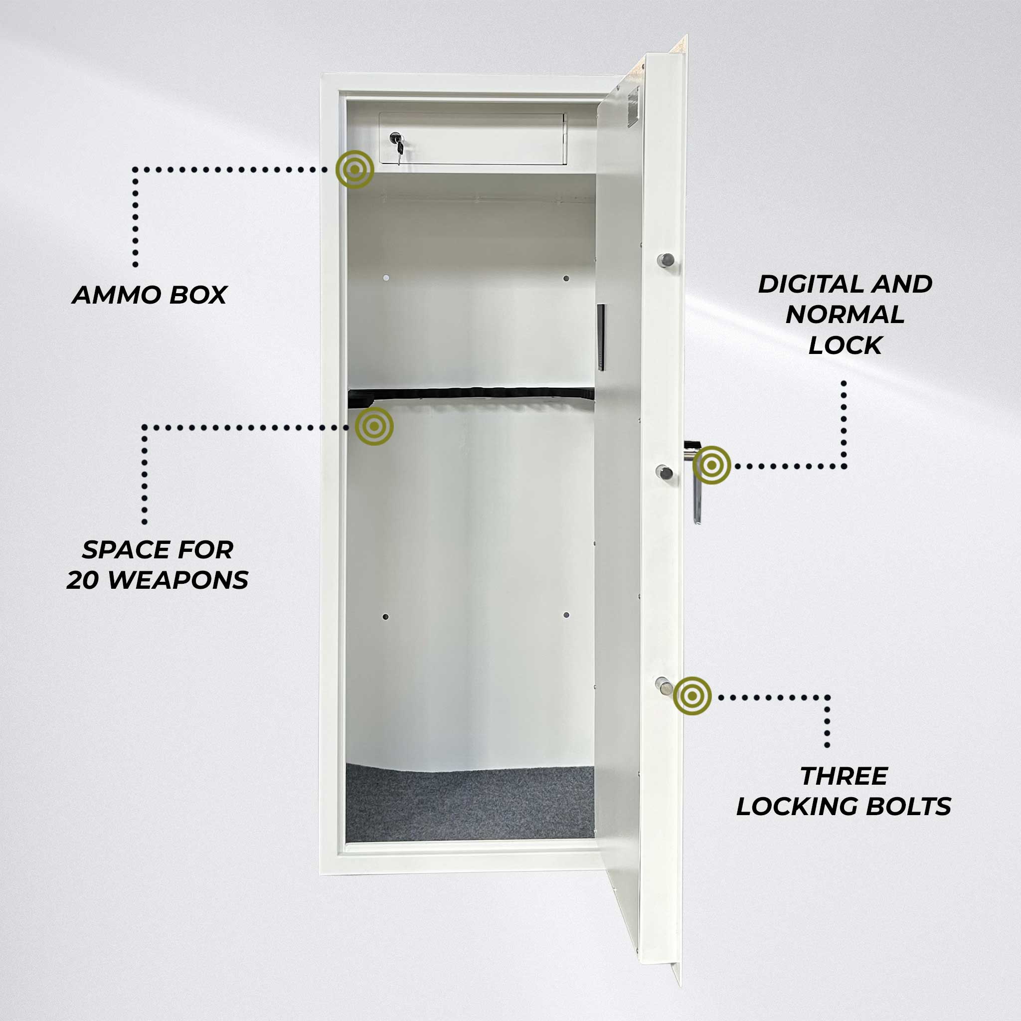 Trekker Gun cabinet for 20 guns AS2000, White, with digital lock