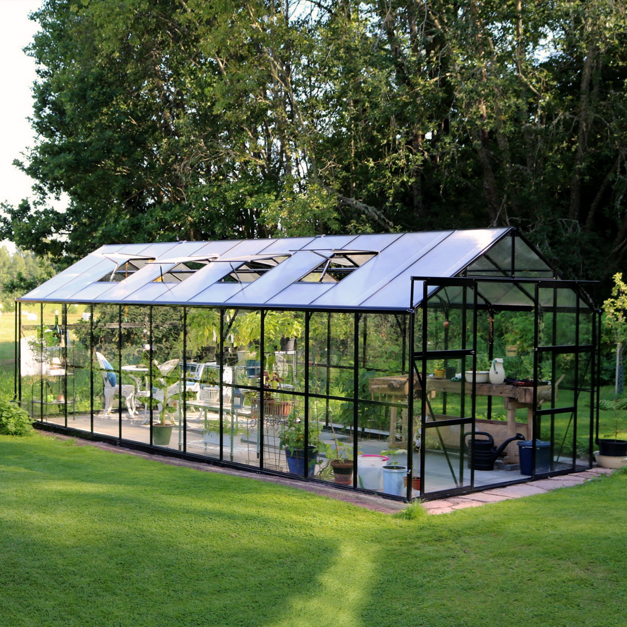 Metalcraft Gewächshaus, 17,5m², 4mm Sicherheitsglas, Wabenplatte, schwarz